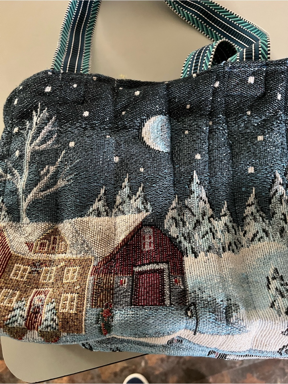Tapestry Winter Village Tote Bag in colorful print